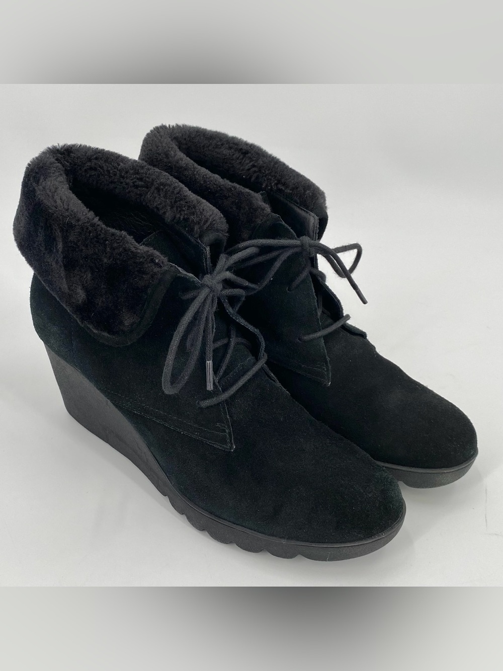 Donald J Pliner Boots Women’s Sz 9.5 MAXXI Wedge Heeled Faux Fur Booties Black